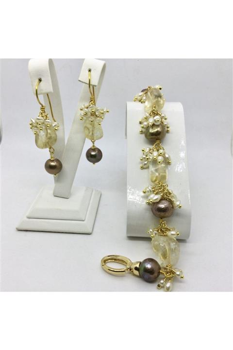 Sibelce Citrin-tahiti Inci Bileklik - Küpe Set