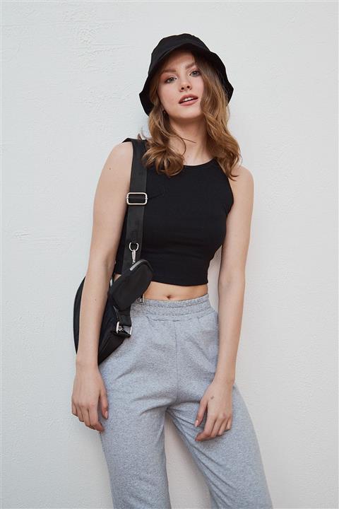 LEKKER Kadın Siyah Halter Yaka Kaşkorse Kolsuz Örme Crop Atlet