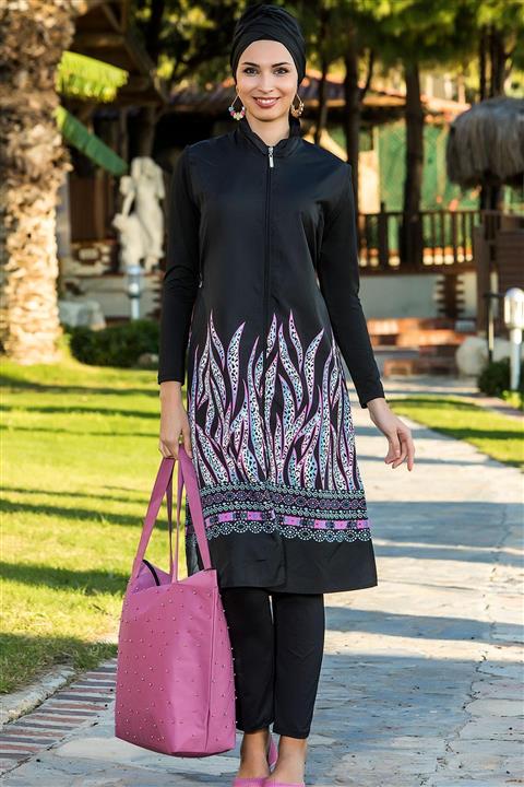 Armes Kadın Siyah Dokuma Uzun Kollu Yelekli Tesettür Mayo