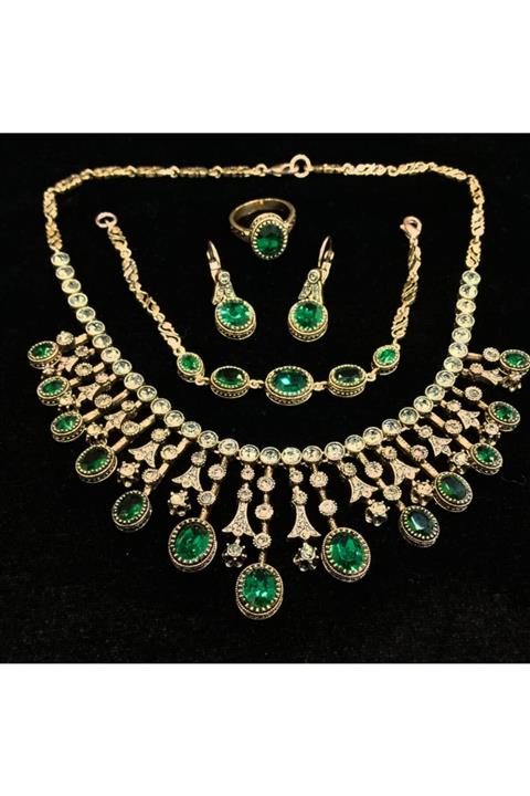 Aşina Gümüş Zümrüt Swarovski Taşlı Elmas Montür Gerdanlık Küpe Yüzük Bileklik Set Sevgiliye Hediye