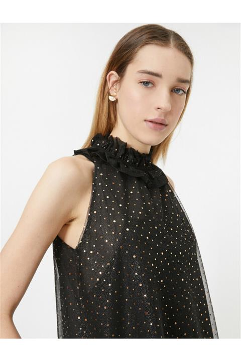 Koton Kadın Gri Volanli Dik Yaka Detayli Tül Bluz