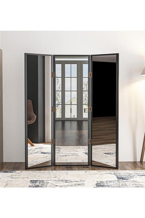 bluecape Paravan Siyah 3 Kanatlı Boy Ayna 130x150cm Antre Duvar Salon Banyo Ofis Yatak Giyinme Odası Aynası