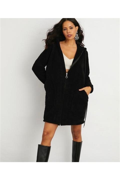 My Shadows Kadın Uzun Polar Fermuarlı Kapşonlu Hırka