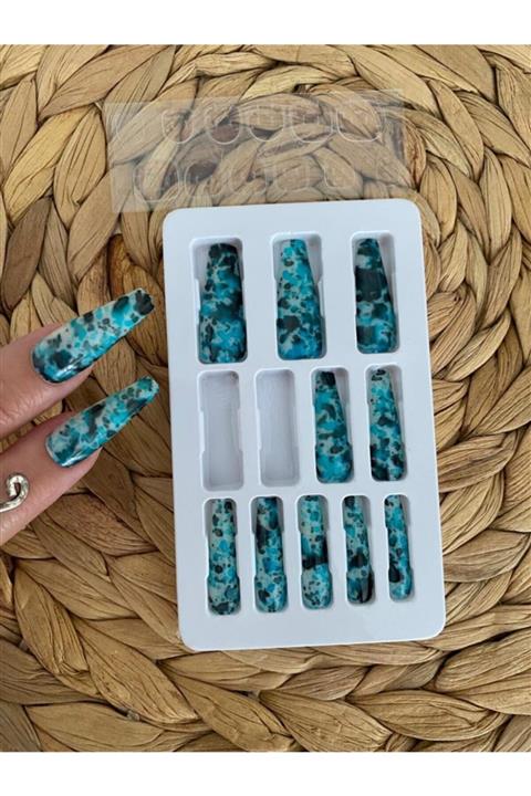 SYBELLE KOZMETİK 12 Adet Turkuaz Desenli Balerin Takma Tırnak