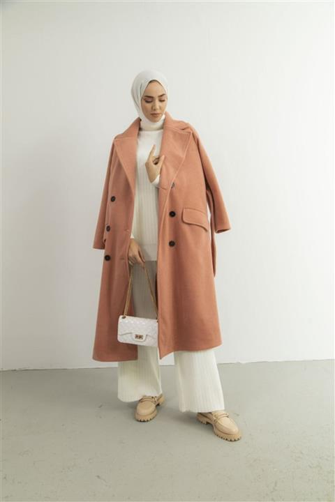 EMELL TURGAY Çift Cepli Somon Kaşe Kaban