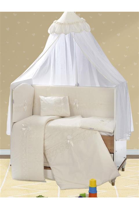 Aras Bebe  Tofin 80x130 Mobilya Beşik Için Güpürlü Uyku Seti - Krem Pamuklu Ebrar Model