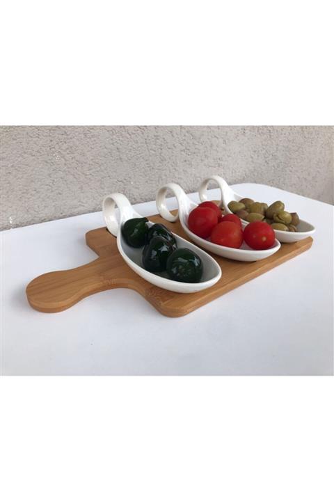 Bazarigo Bambu Porselen Sosluk Sunumluk Seti - 3 Gözlü - Jd7739