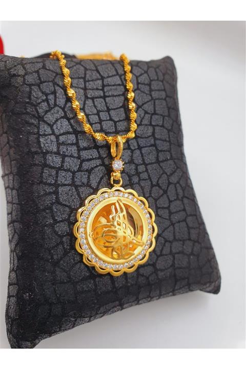 barış gold altın kaplama 22 Ayar Altın Kaplama Burgu Zincirli Tuğralı Kolye 4 Cm