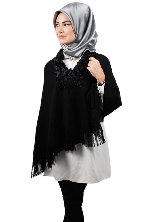 Armina Kürklü Triko Omuz Şalı Siyah 150cmx70cm