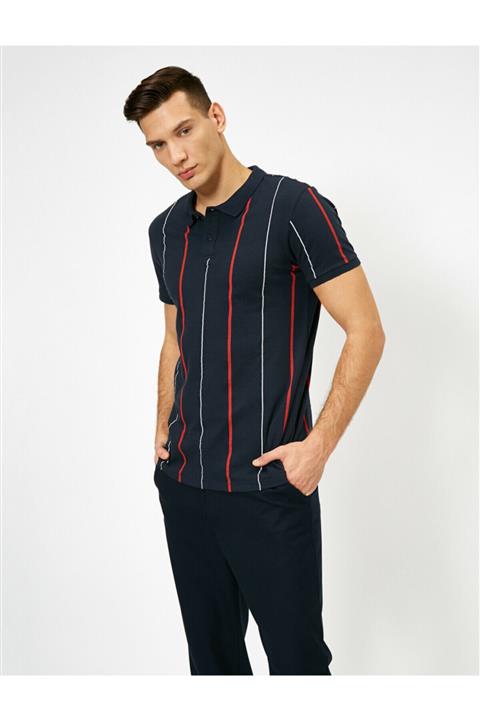 Koton Erkek Lacivert Polo Yaka Dikey Çizgili Pike Kumas Slim Fit Tisört