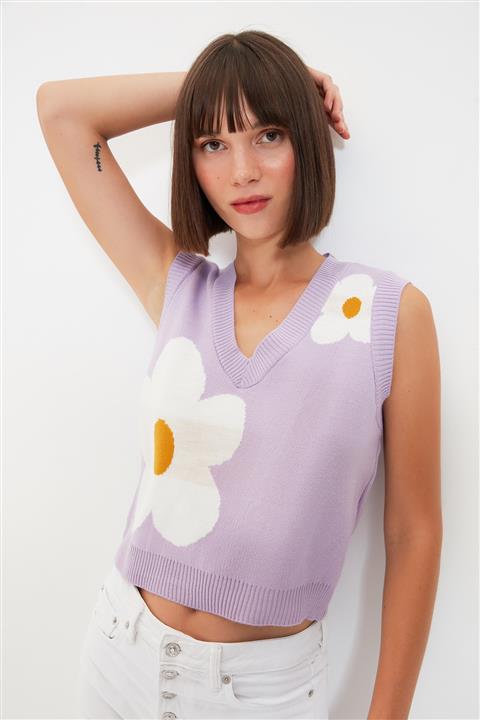 TRENDYOLMİLLA Lila Jakarlı V Yaka Crop Triko Süveter TWOAW22BZ0025