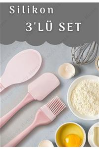 ELAVUS Büyük Boy, Maxi 3'lü Set Silikon Spatula, Yumurta Fırçası & Kaşık Pembe