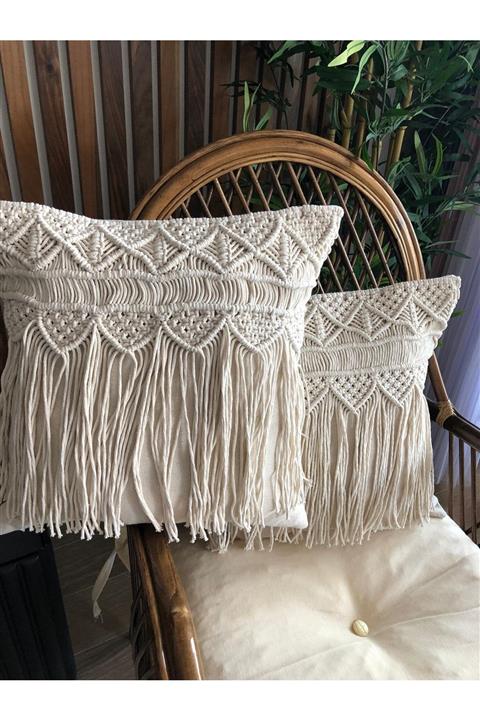 MtHomeStore Keten Kırlent Kılıfı Bohem Tarzı El Yapımı 45x45 Yastık Kılıfı, Doğal Keten