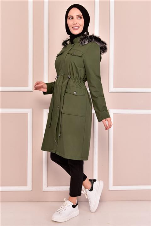 ModaMerve Kapüşonlu Kaban Haki Msn1818