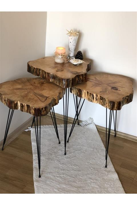 Doğalın Peşinde İki Deli Siyah Ayaklı Ahşap Doğal Kütük Zigon Sehpa 3’lü