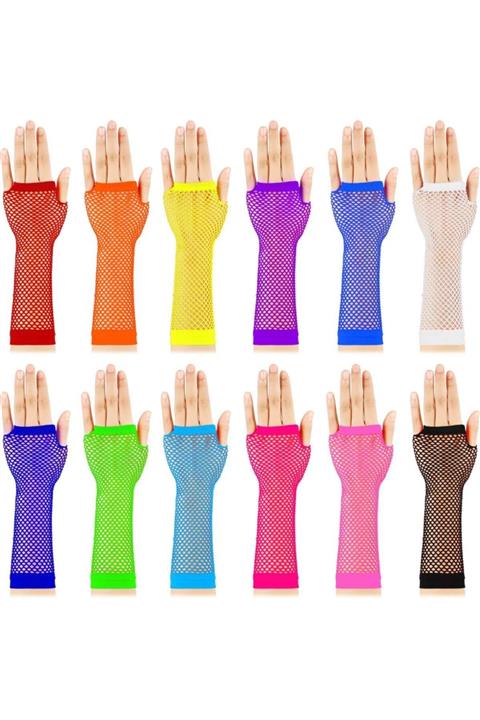 See Me Rengarenk Dirsek Altı Boy Fileli Toptan Parti Eldiveni 12 Çift