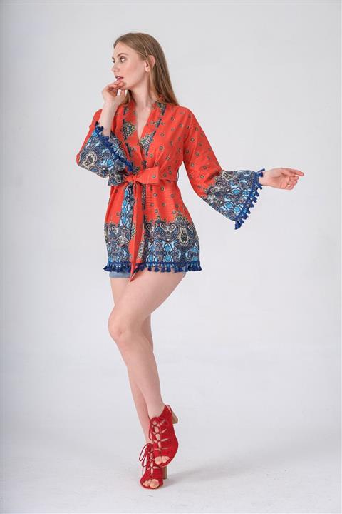 İna Pamuklu Vual Kumaştan Kimono Püskül Detaylı Kısa Pareo ve Plaj Elbisesi