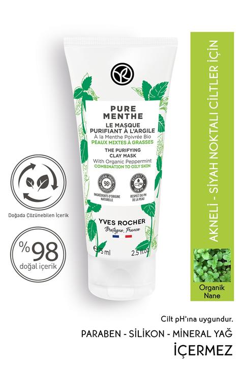 Yves Rocher Pure Menthe Yağ Fazlasını Anında Emen Matlaştırıcı Kil Maske -75 ml