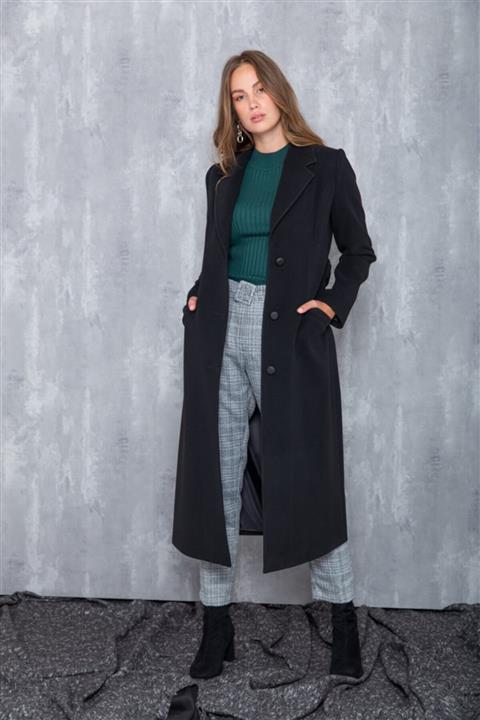 Concept. Belden Kuşaklı Uzun Kaban Siyah 3624