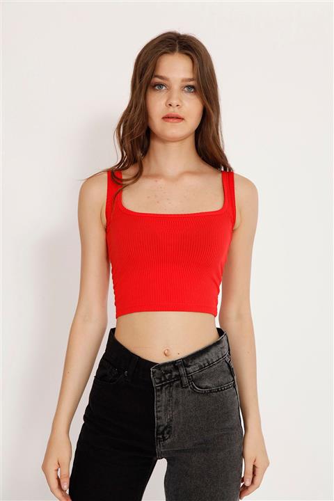 Meenew Kadın Fitilli Super Crop Örme Atlet Kırmızı