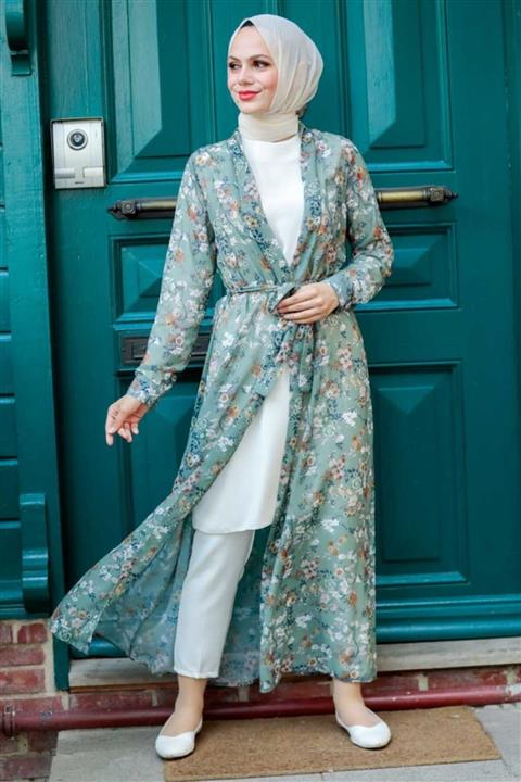 Neva Style - Desenli Çağla Yeşili Tesettür Kimono 5651cy