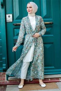 Neva Style - Desenli Çağla Yeşili Tesettür Kimono 5651cy