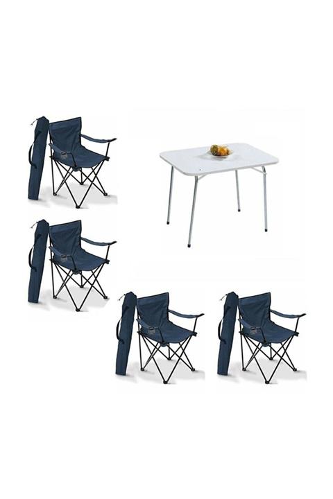 Moccastyle 60x80 Katlanır Beyaz Masa 4 Adet Mavi Rejisör Sandalye Piknik Plaj Sandalyesi