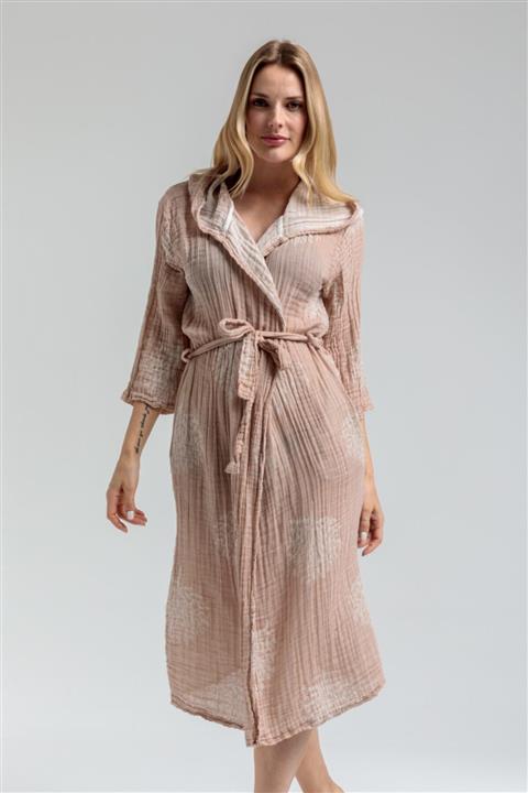 Begonville Corey Kapşonlu Plaj Bornoz / Kimono - Ince %100 Pamuk Muslin Bornoz - Mercan Bej