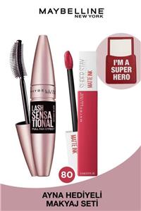 Maybelline New York Lash Sensational Yelpaze Etkili Intense Black Maskara + Super Stay Matte Ink Likit Mat Ruj- 80 Ruler