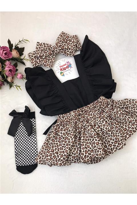 ŞAPKAKİDS Kız Bebek Leopar Desenli Fırfırlı Salopet Bandana Çorap Set