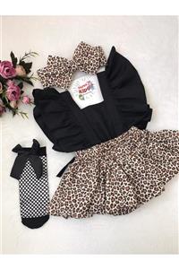 ŞAPKAKİDS Kız Bebek Leopar Desenli Fırfırlı Salopet Bandana Çorap Set