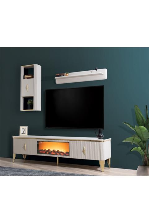 S Home Design Concept Şömineli Beyaz Gold Tv Ünitesi