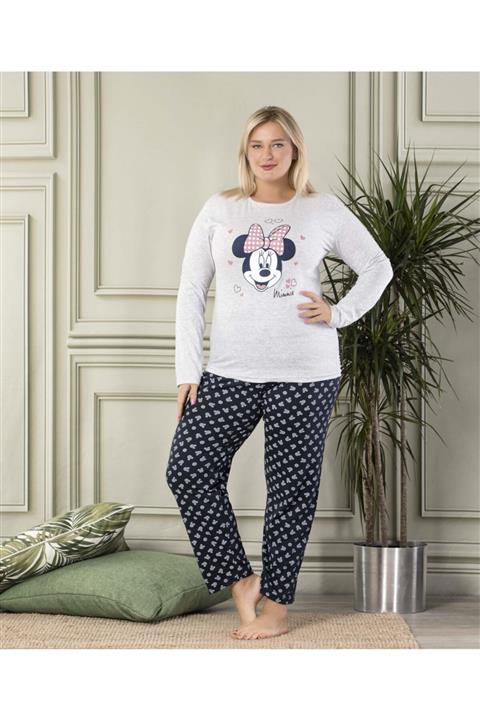 Siyezen Büyük Beden Baskılı Pamuklu Gri Pijama Takımı