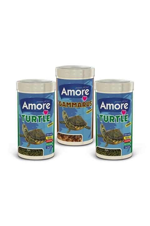 AMORE Turtle Sticks 2x250ml + Gammarus 250ml Kalsiyum Sürüngen Ve Kaplumbağa Yemi