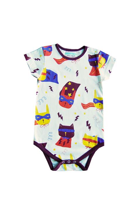 Verte Vallée Unisex Bebek Ekru Kedi Baskılı Kısa Kollu Zıbın