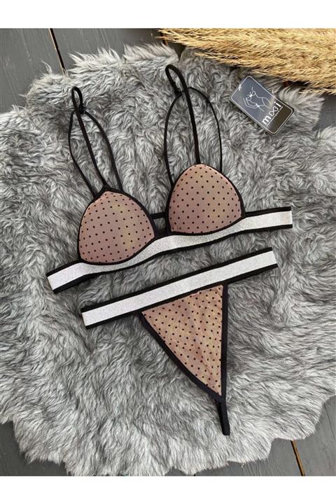 MOOİ Siyah Gri Simli Dolgusuz Elegant Açılmayan Sütyen Takım