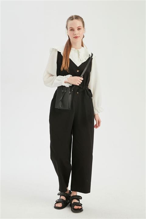 Manuka Kadın Siyah Önden Düğmeli Tulum