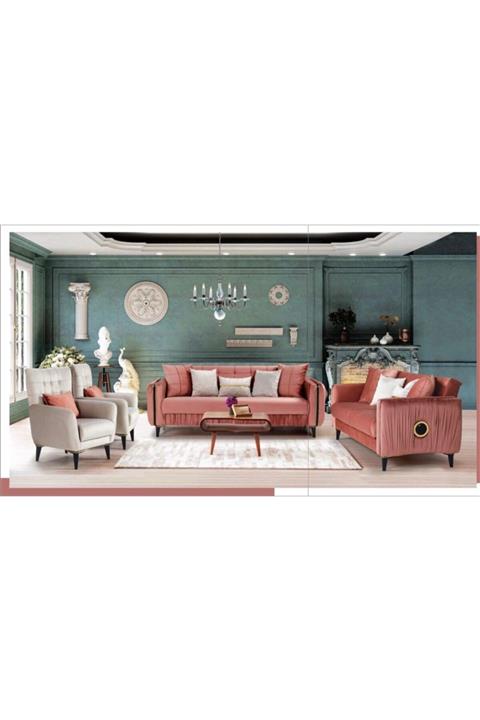 bellumi Pembe Kadife Alala Tasarım İnci Koltuk Takımı