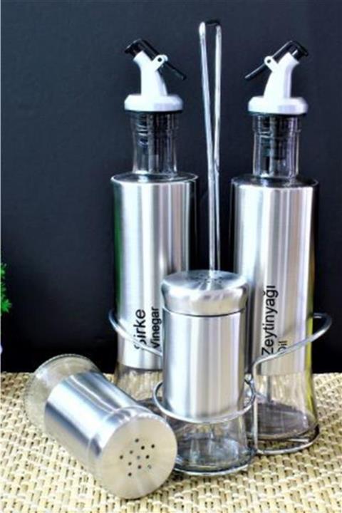 çilekev 4'lü Paslanmaz Çelik Standli Cam Yağlık Sirkelik Tuzluk Biberlik