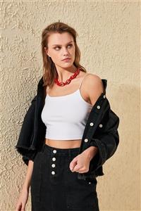 MRMUBO Beyaz Askılı Örme Crop Atlet