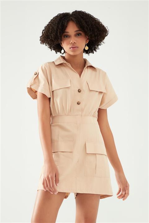 Quzu Cep Detaylı Tulum Bej