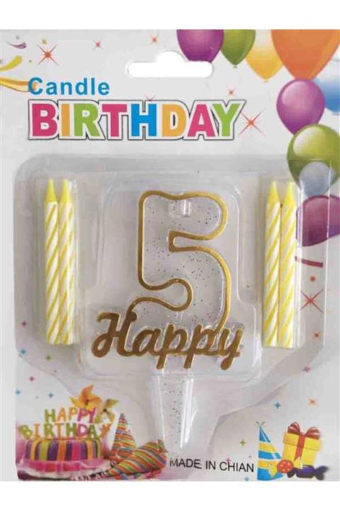 Mutlu Tasarım Altın Simli 5 Sayı Rakam Happy Yazılı 4 Mumlu Pasta Mumu