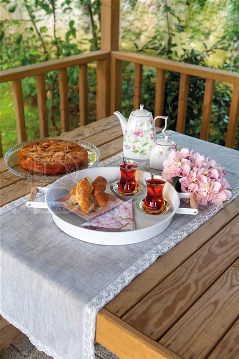 kitchen trend 37cm Ahşap Kulplu Beyaz Metal Tepsi Yuvarlak Tepsi Çay Tepsisi Sunum Tepsisi