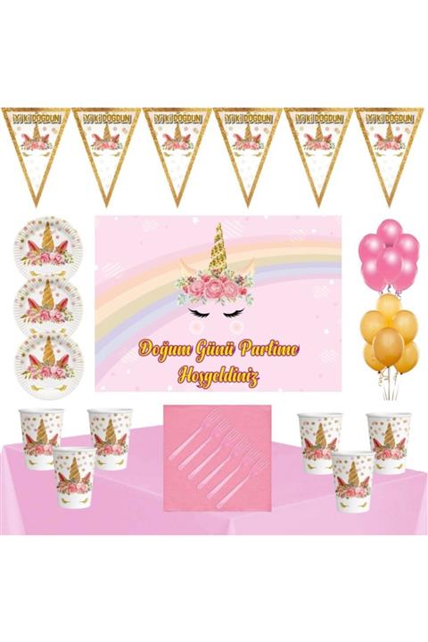 Parti Furyası Unicorn Çiçekli Tema 16 Kişilik Afişli Parti Seti