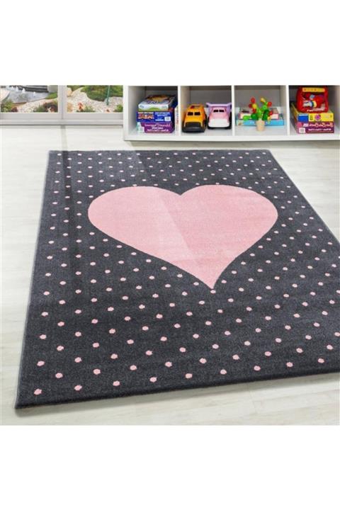 AYYILDIZ Çocuk Bebek Odası Halısı Kalp Puan Desenli Halı Pembe Gri