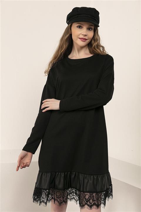 Kadın Modası Kadın Siyah Oversize Kol Deri Garnili Altı Dantelli Elbise