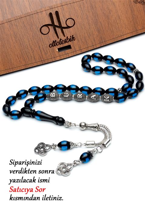 OTTOTESBİH 925 Ayar Gümüş Harfli 7x11mm Gece Mavisi Sürmeli Kehribar Tesbih