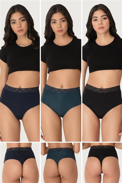 Cottonhill Kadın 3 Renk Basic Yüksek Bel Lazer Kesim Tanga 3'lü Paket Külot