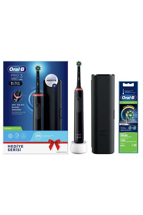 OralB PRO 3500 Siyah Şarjlı Diş Fırçası ve Yedek Başlık +2 Cross Across Yedek Başlık