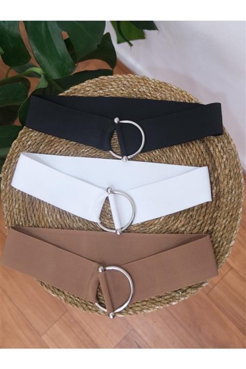 time kemer Kadın Lastikli Siyah Beyaz Taba Korse Kemer